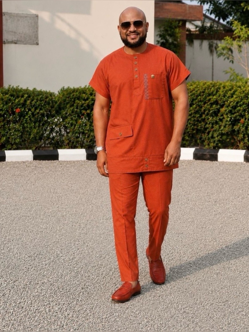 Rust Red Short-Sleeve Agbada-Style Top & Chinos Set